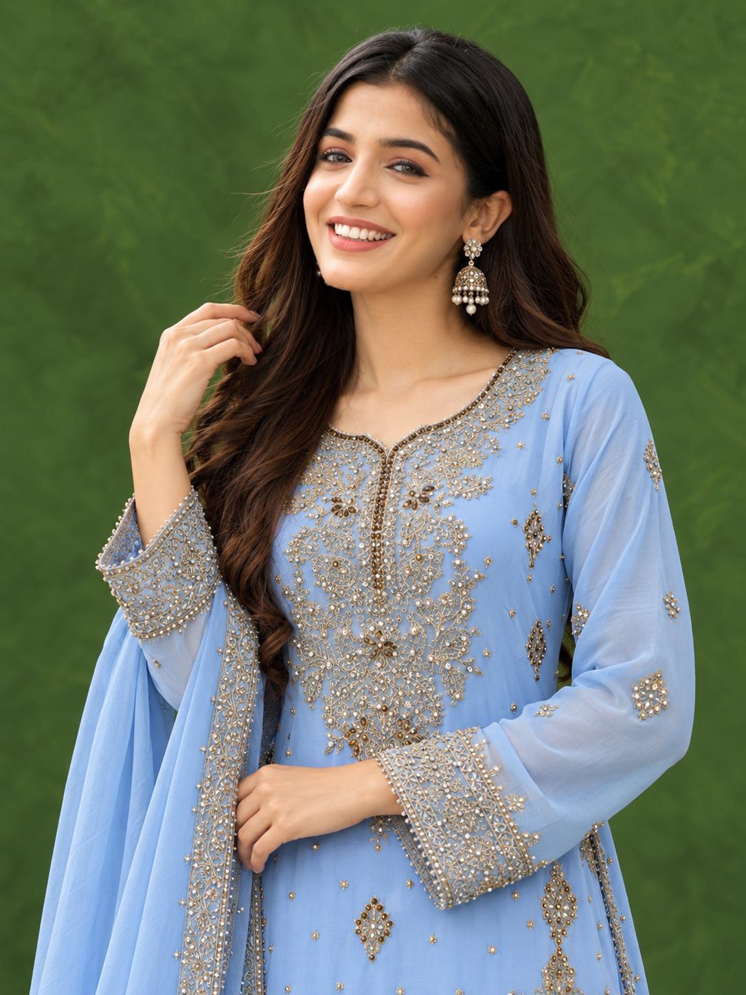 Chiffon Embroidered Gharara 3-Piece Suit - Sky Blue