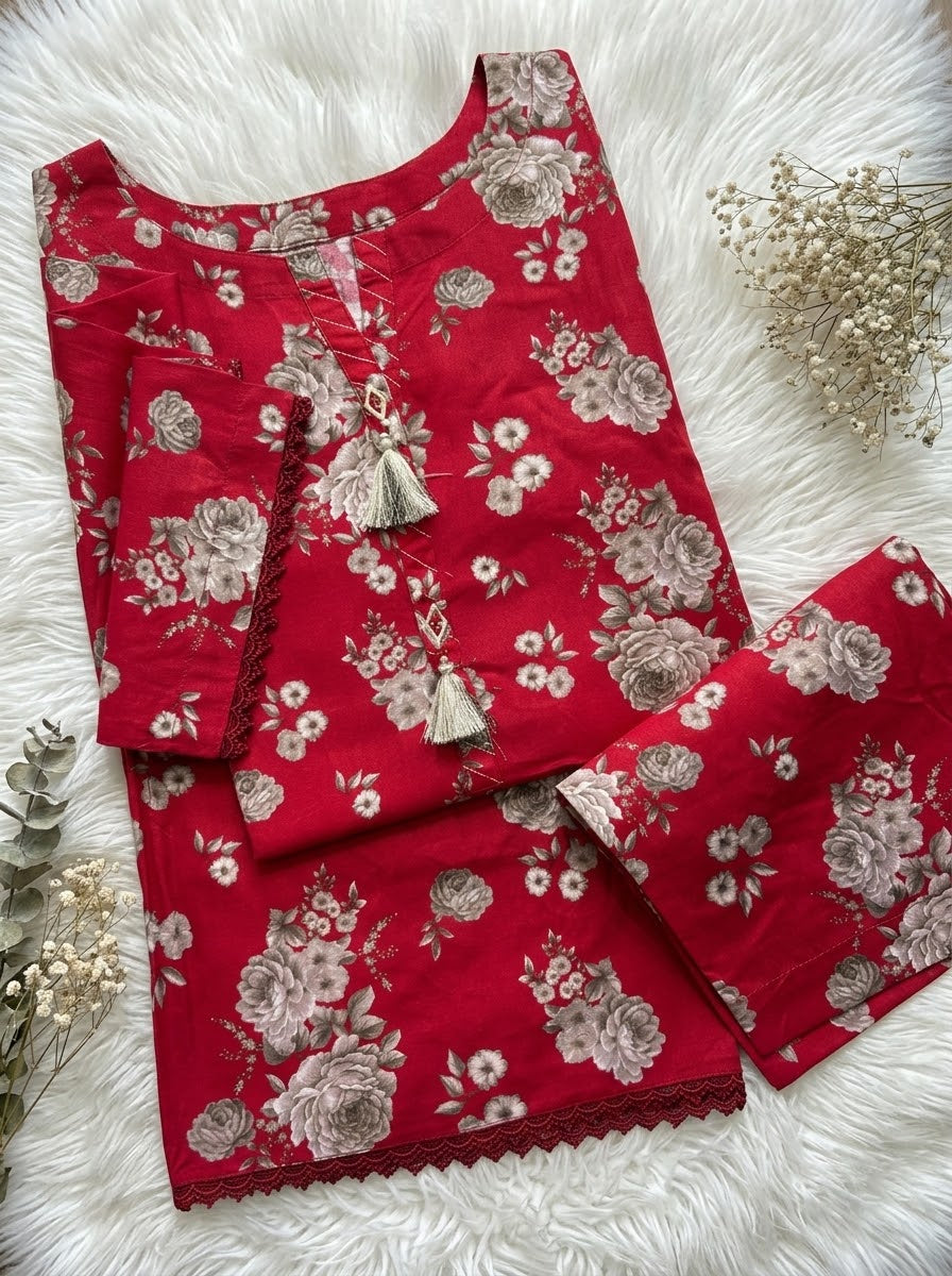 Red Winter Linen Casual 2-Piece Co-Ords Suit