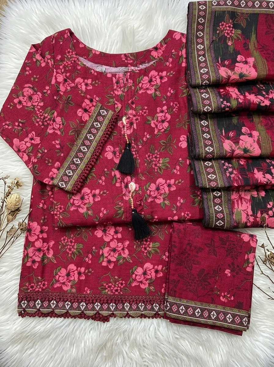 Crimson Red Winter Soft Khaddar Casual 3-Piece Suit