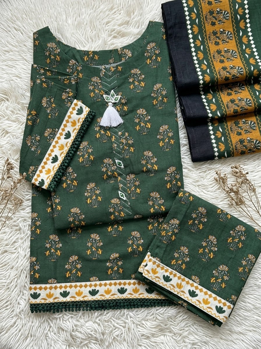 Bottle Green Winter Soft Khaddar Casual 3-Piece Suit