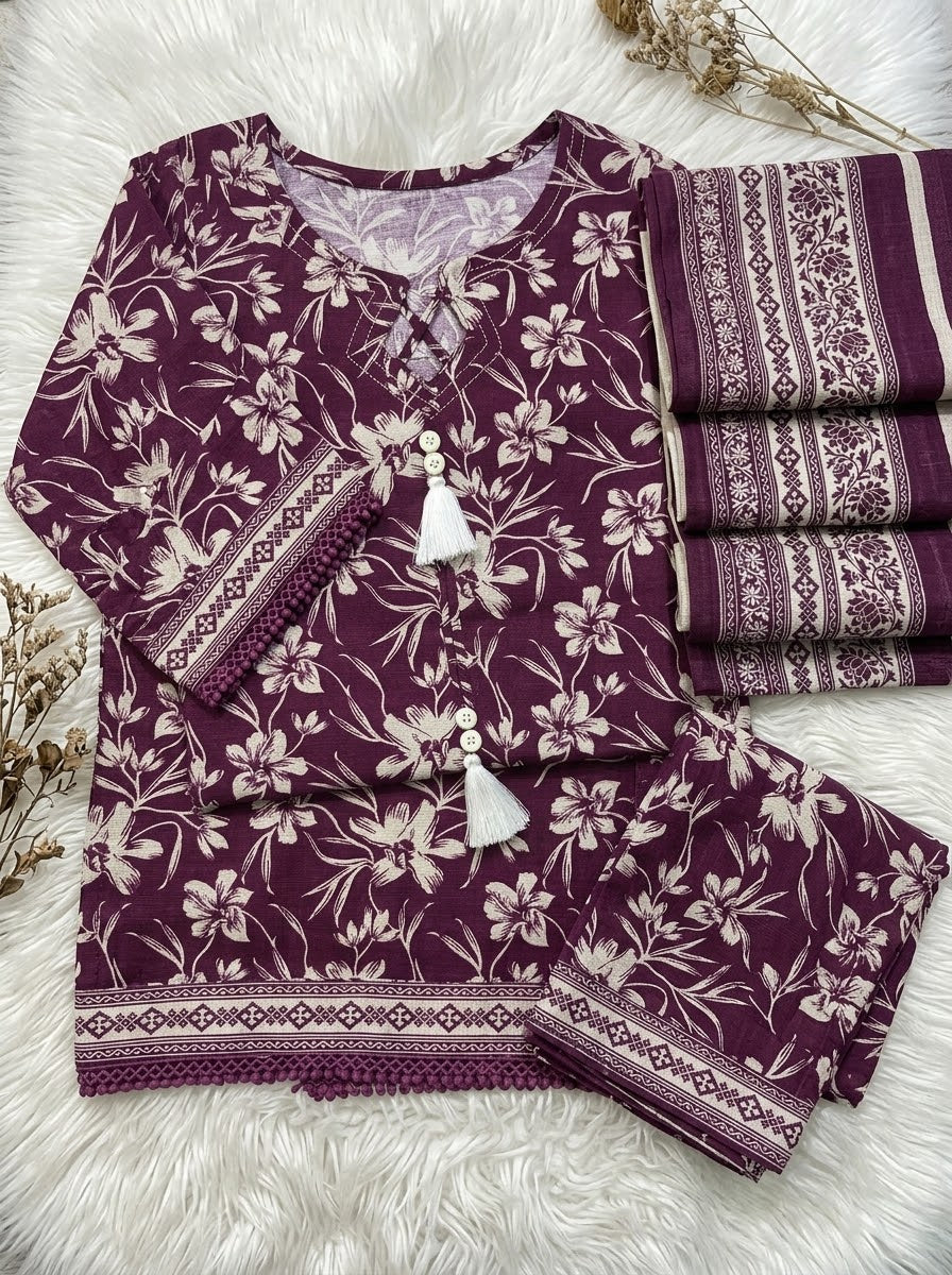 Purple Winter Soft Khaddar Casual 3-Piece Suit