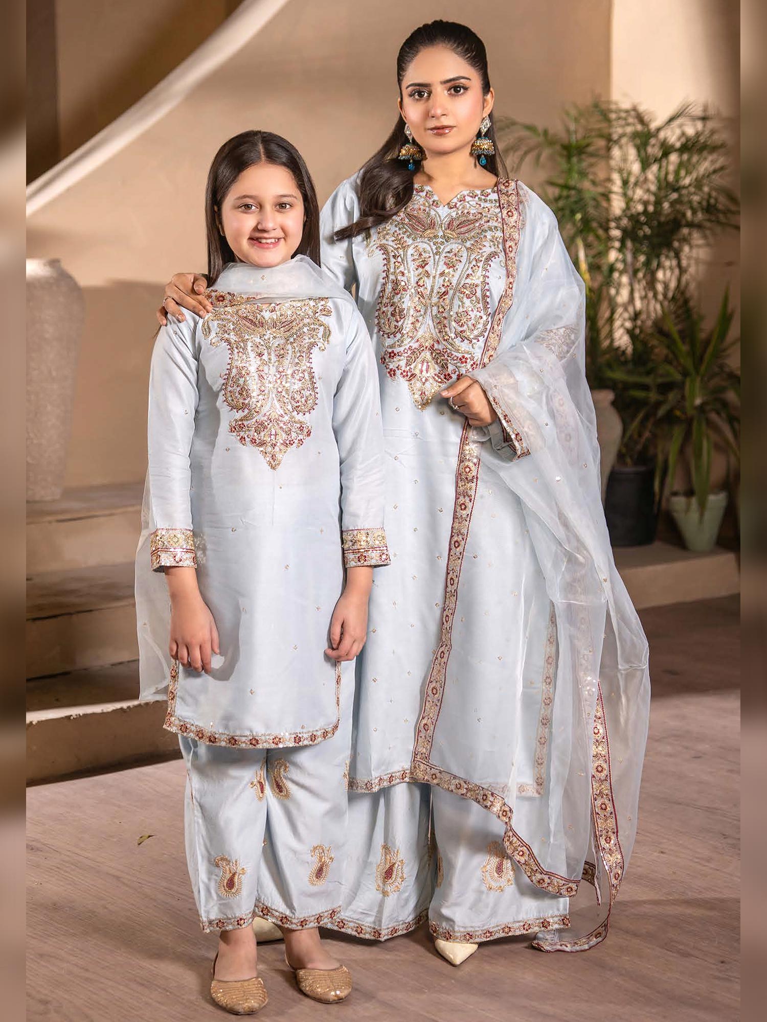 Rangz Mother-Daughter Linen Embroidered Suit - Light Blue