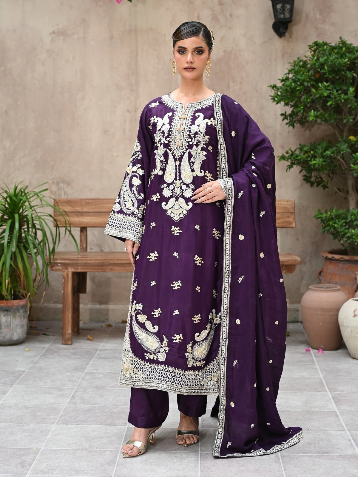 Plum Embroidered Raw Silk 3-Piece Suit (D04)