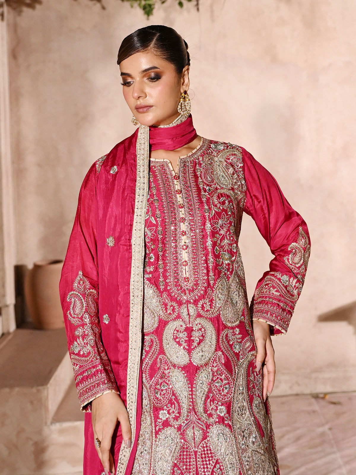 Pink Embroidered Raw Silk 3-Piece Suit (D06)