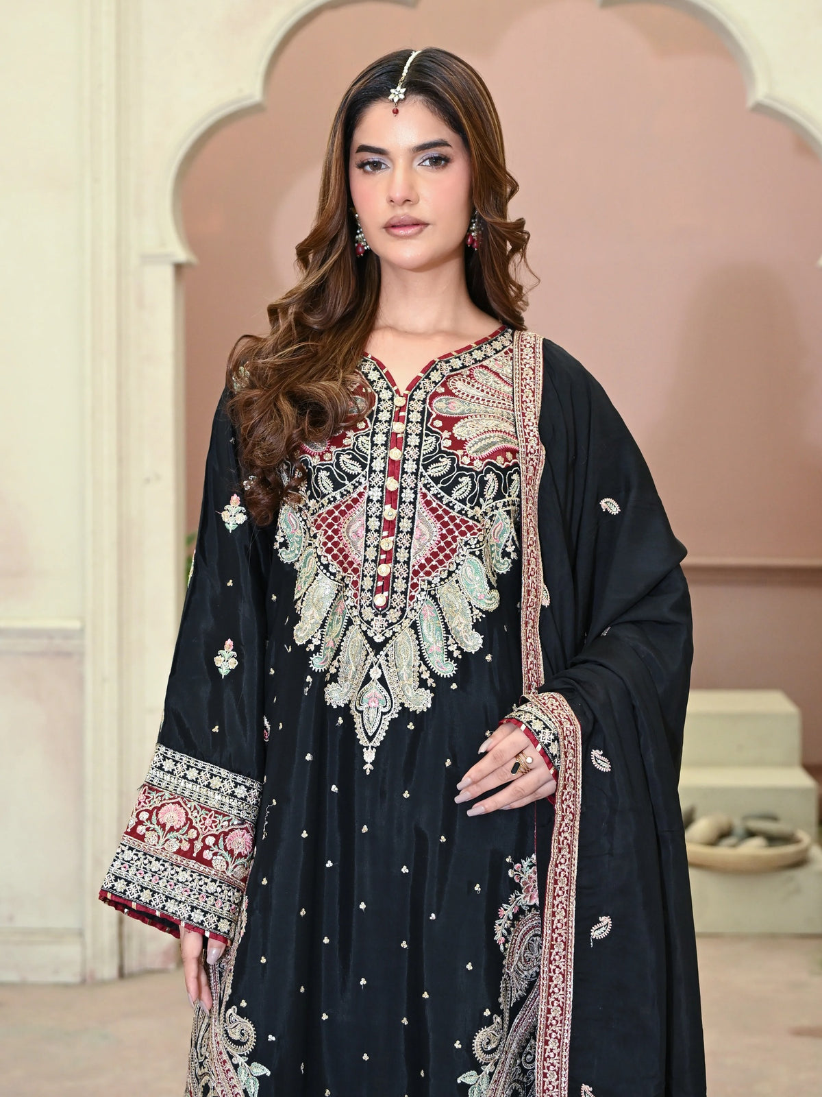 Black Embroidered Raw Silk 3-Piece Suit (D07)