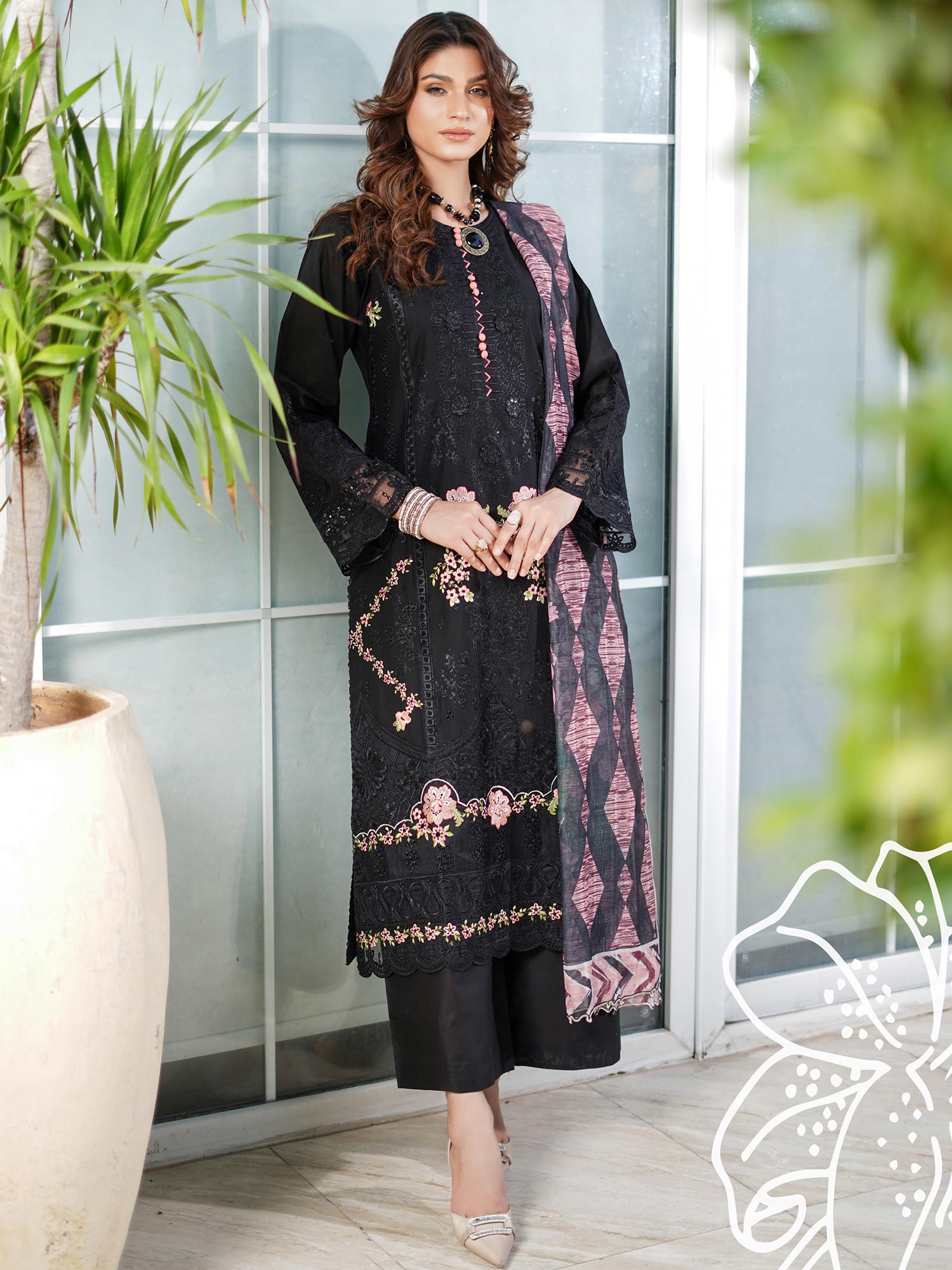 Munira Embroidered Lux Cotton Suit (MSL-05) - Black