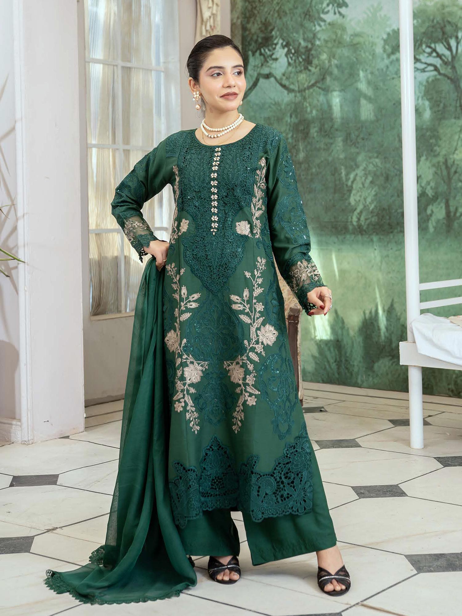 Lux Embroidered Linen 3pc Suit - Green