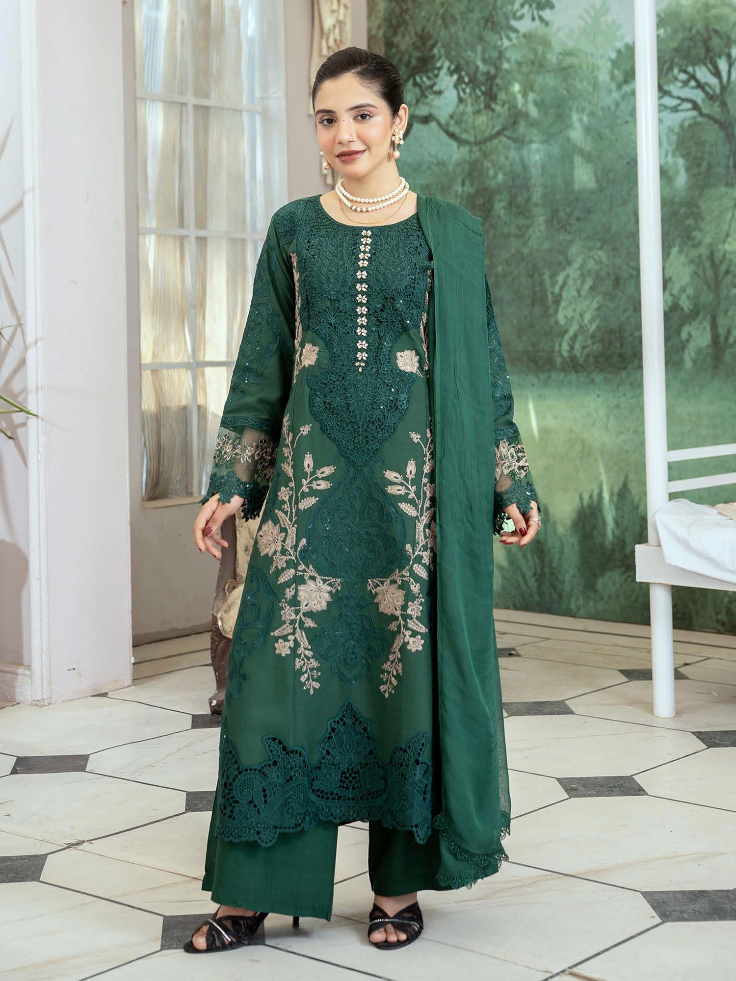 Lux Embroidered Linen 3pc Suit - Green