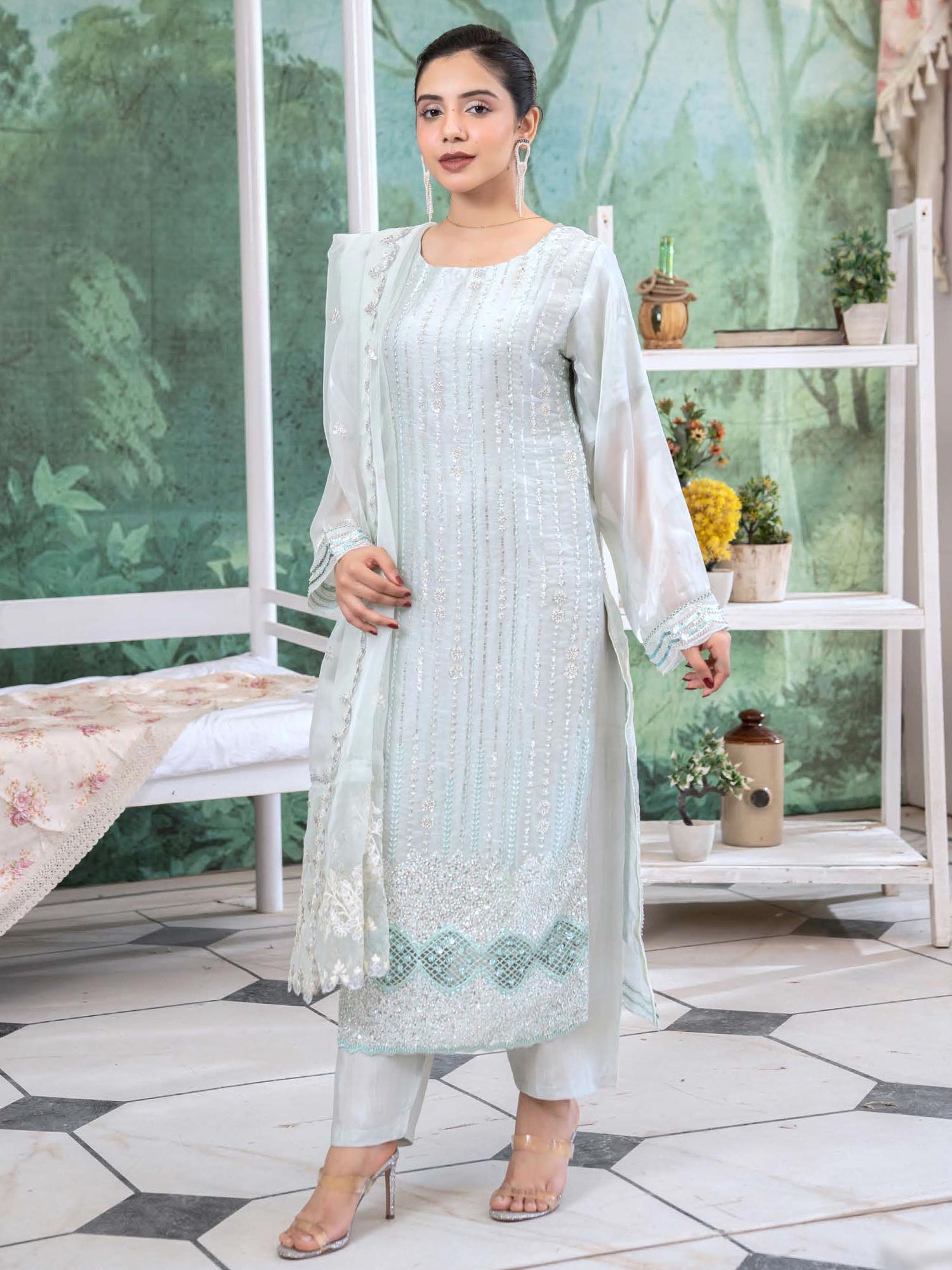 Rangz Sheesha Silk Lux 3-Piece Suit - Mint