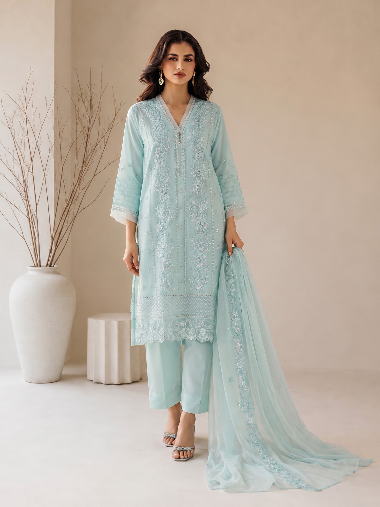MOMINA "Nayaab" Embroidered Chiffon Suit - Sky Blue