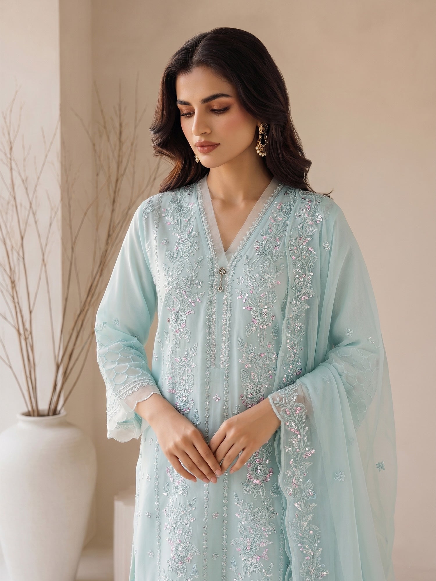 MOMINA "Nayaab" Embroidered Chiffon Suit - Sky Blue