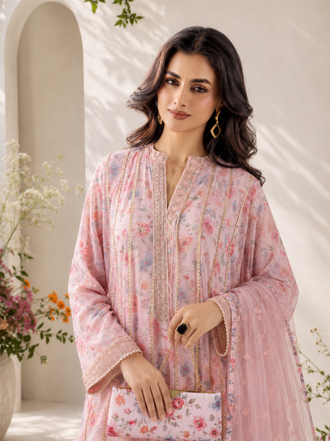 MOMINA "Bahaar Vol.2" Embroidered Net & Silk Suit with Clutch - Pink
