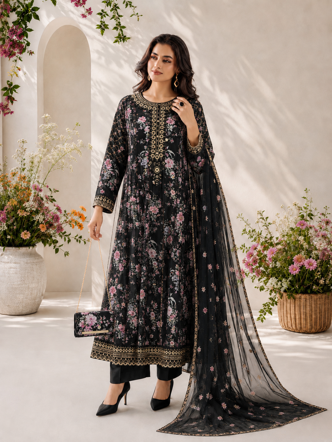 MOMINA "Bahaar Vol.1" Embroidered Net & Silk Suit with Clutch - Black