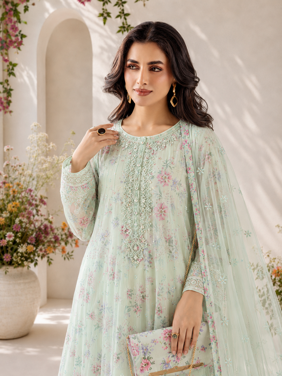 MOMINA "Bahaar Vol.1" Embroidered Net & Silk Suit with Clutch - Mint