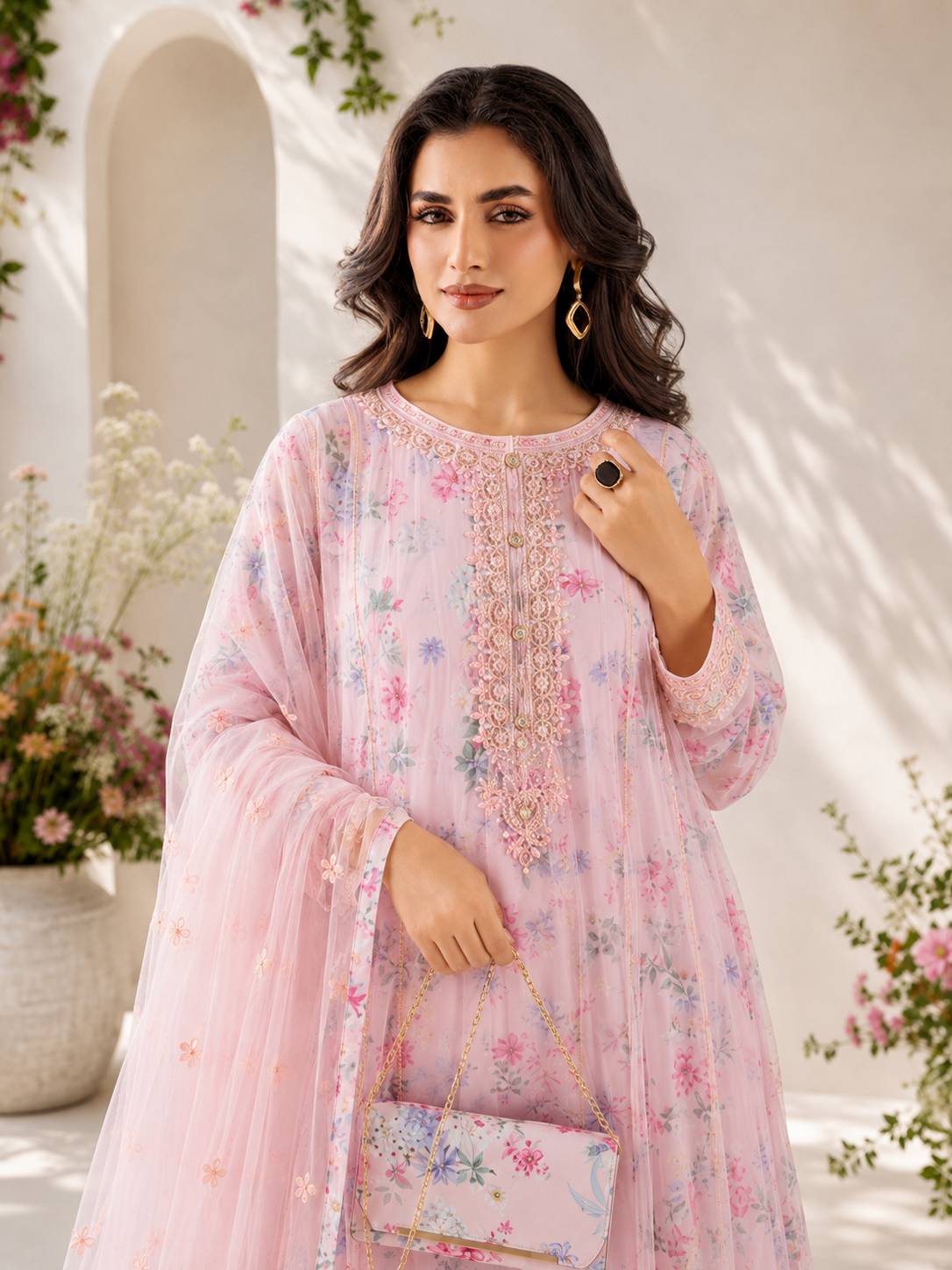MOMINA "Bahaar Vol.1" Embroidered Net & Silk Suit with Clutch - Pink