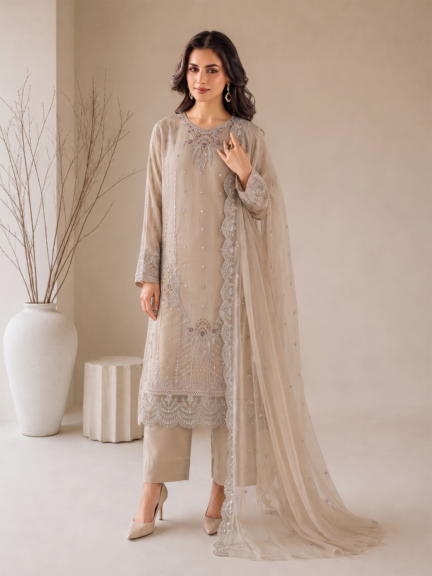 MOMINA "Nayaab" Embroidered Chiffon Suit - Light Beige