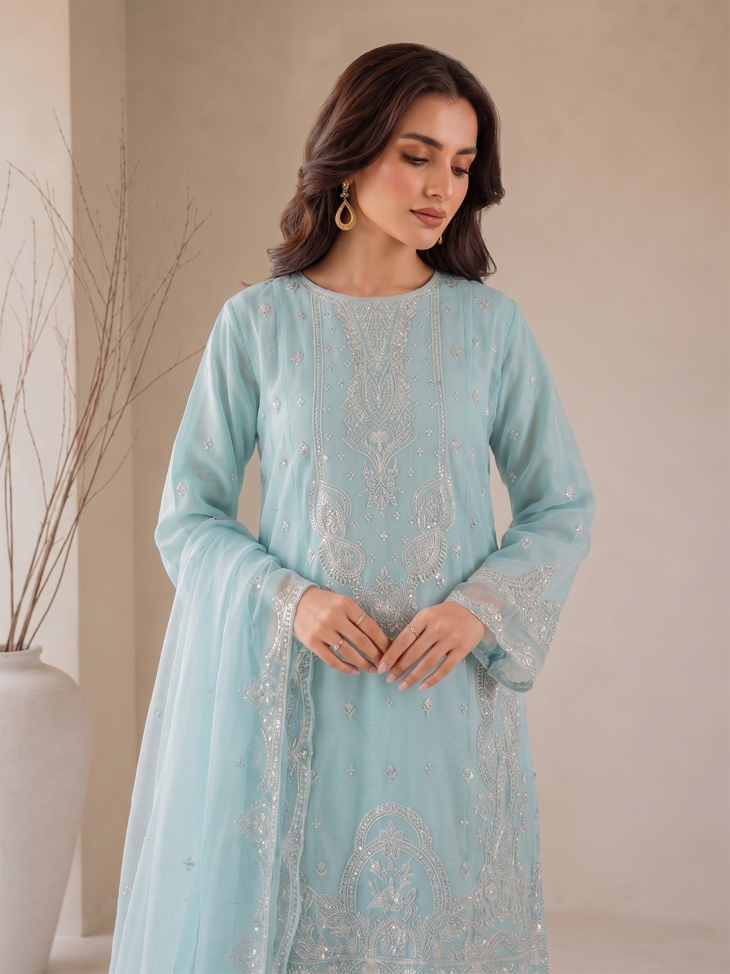 MOMINA "Nayaab" Embroidered Organza Suit with Sharara - Sky Blue