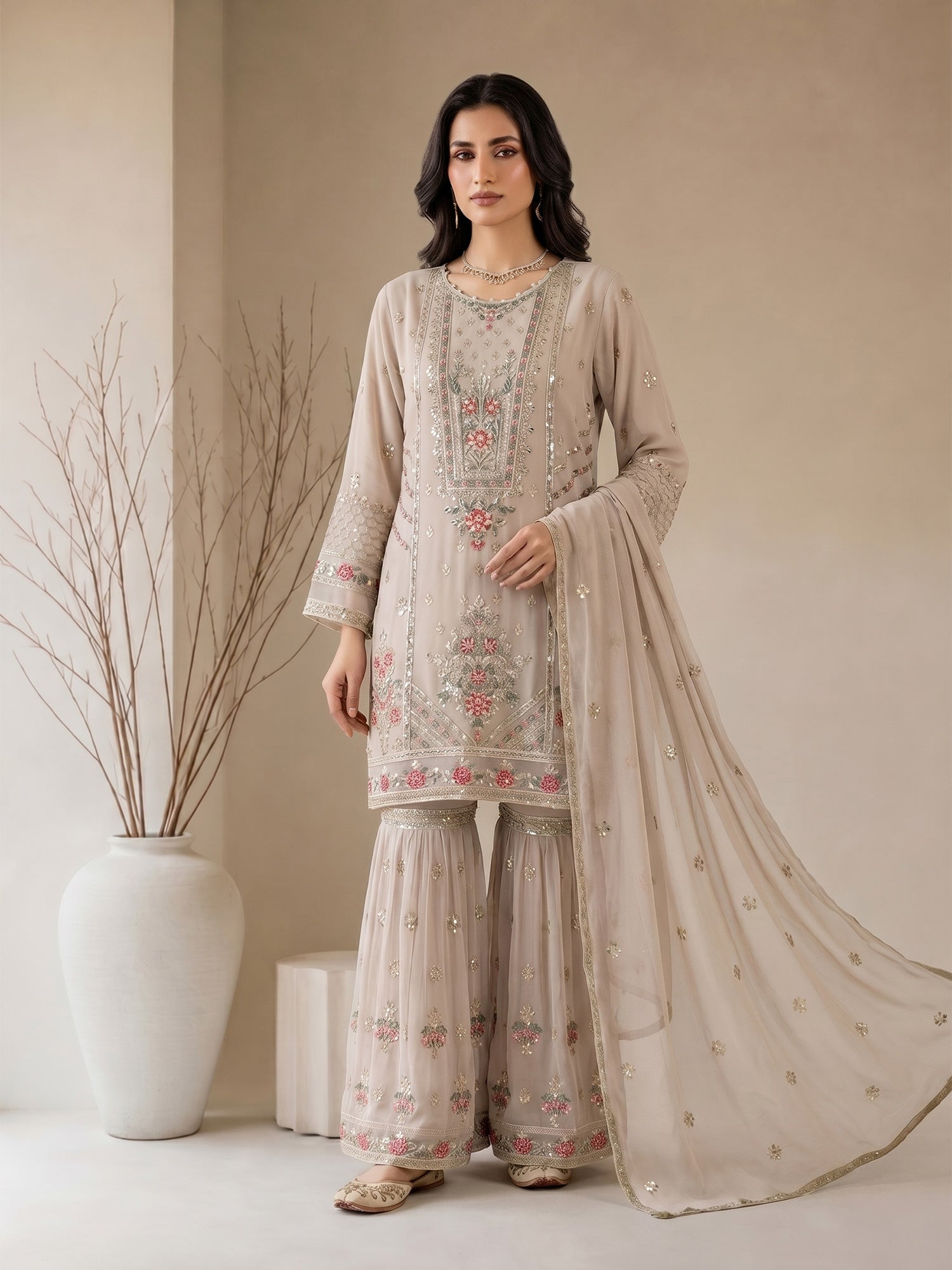 MOMINA "Nayaab" Embroidered Chiffon Suit with Gharara - Beige