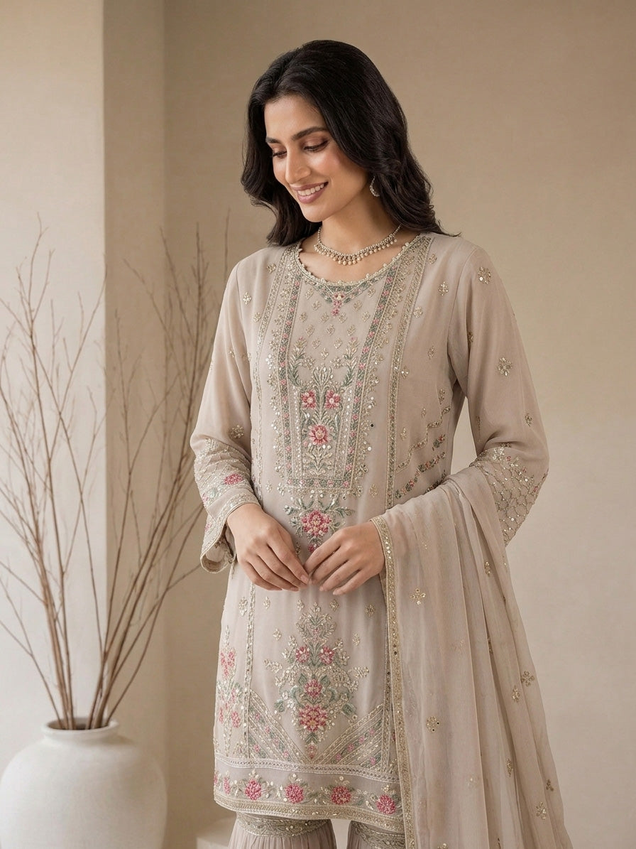 MOMINA "Nayaab" Embroidered Chiffon Suit with Gharara - Beige