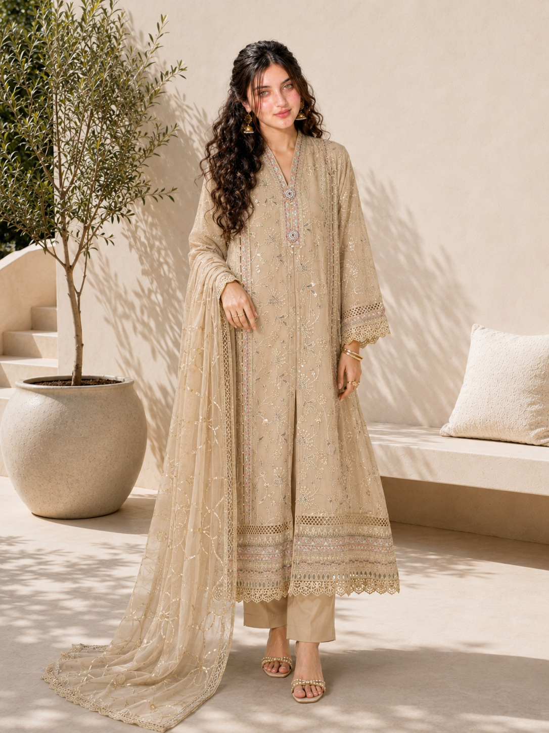 MOMINA "Pari" Embroidered Chiffon Dress Suit - Beige
