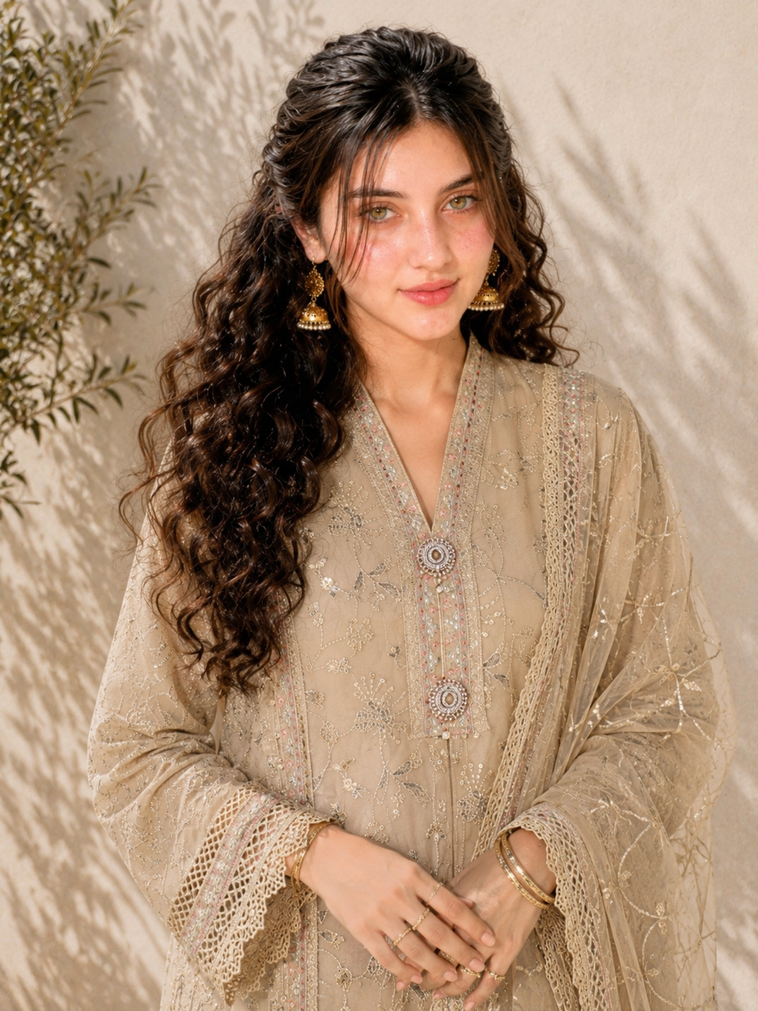 MOMINA "Pari" Embroidered Chiffon Dress Suit - Beige