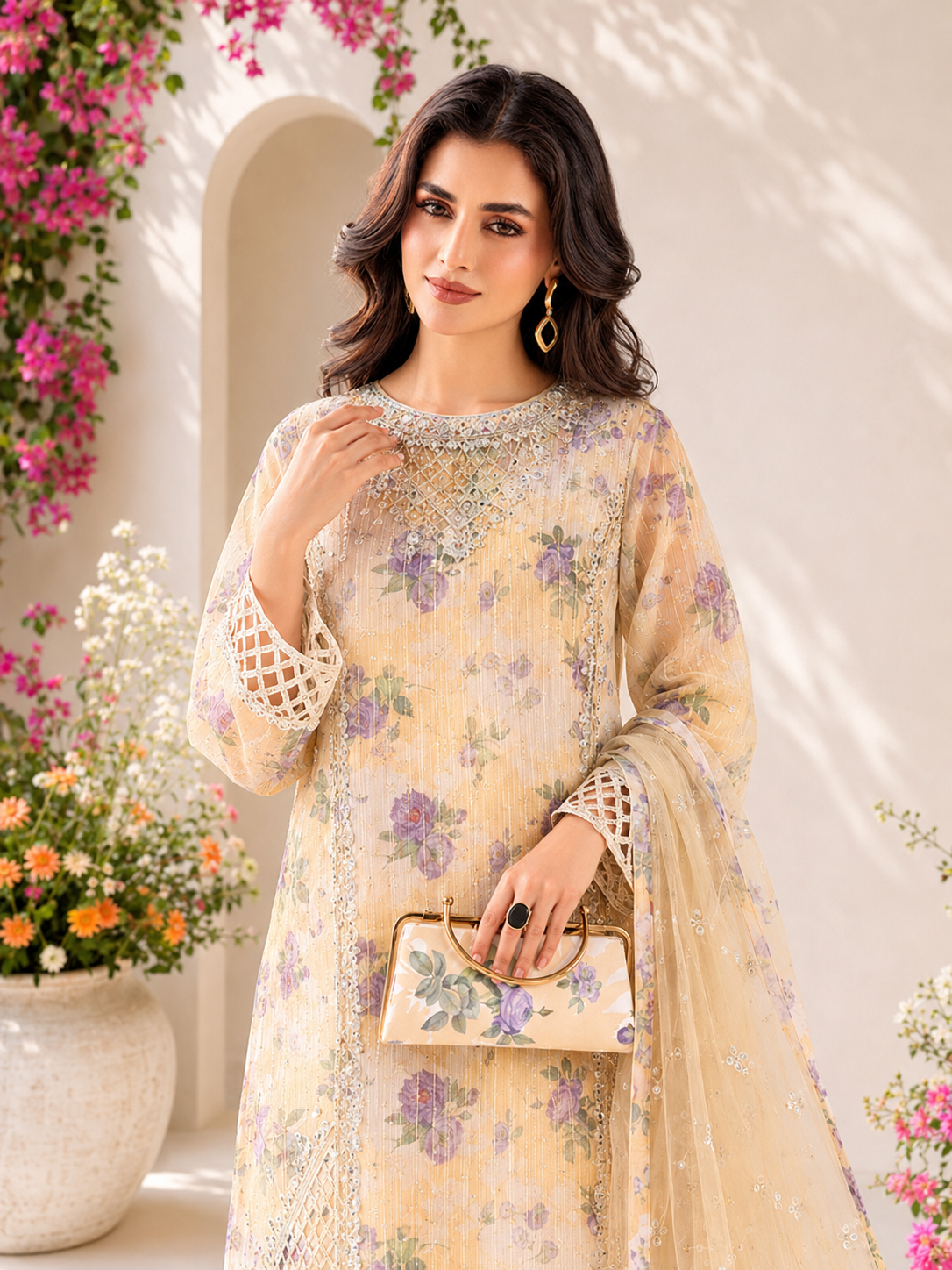 MOMINA "Bahaar Vol.3" Embroidered Net & Silk Suit with Clutch - Cream