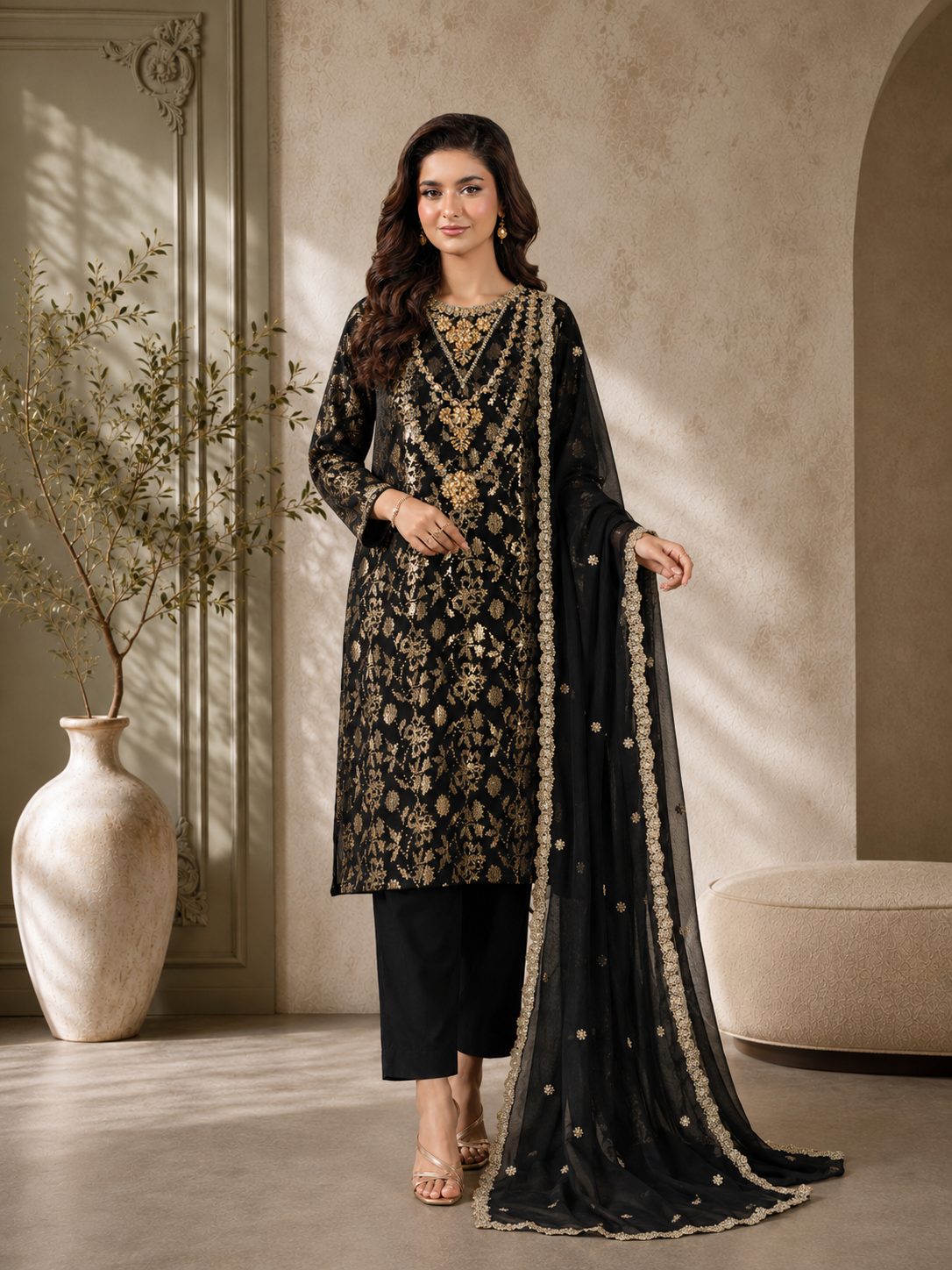 MOMINA "Chamak" Chiffon Embroidered and Sequinned Suit - Black