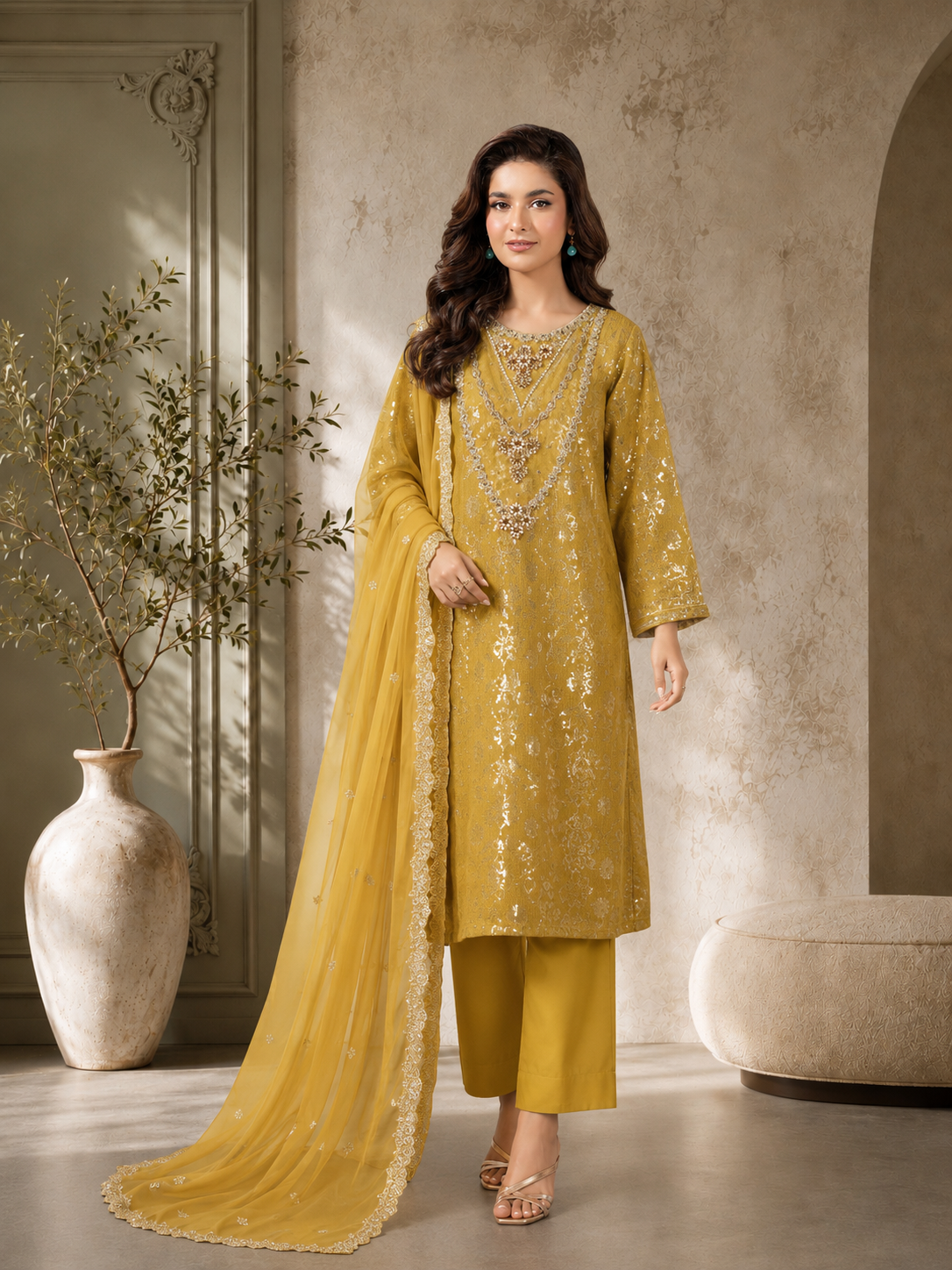 MOMINA "Chamak" Chiffon Embroidered and Sequinned Suit - Mustard