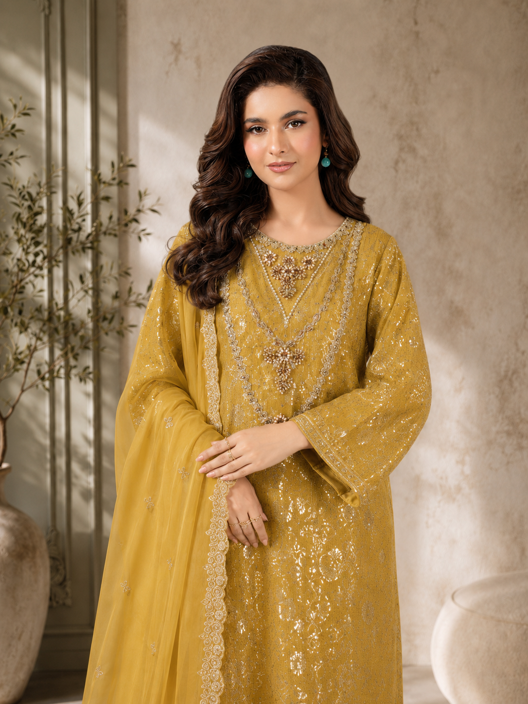 MOMINA "Chamak" Chiffon Embroidered and Sequinned Suit - Mustard