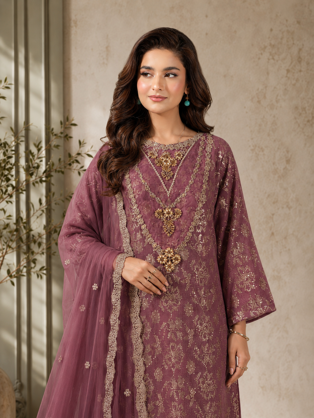 MOMINA "Chamak" Chiffon Embroidered and Sequinned Suit - Mauve