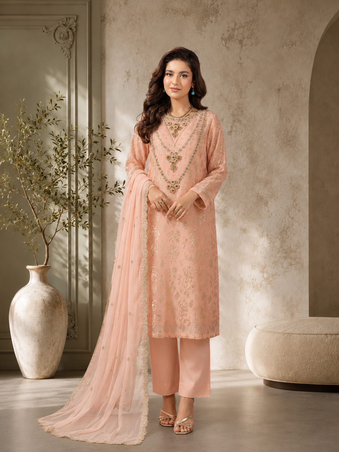 MOMINA "Chamak" Chiffon Embroidered and Sequinned Suit - Peach