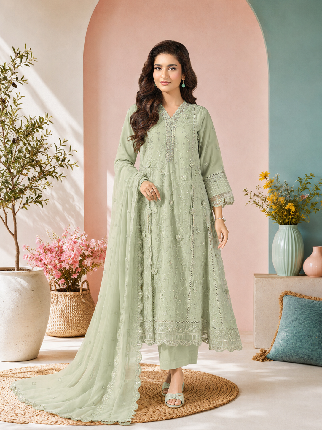 MOMINA "Sehr" Embroidered Chiffon Dress Suit - Green