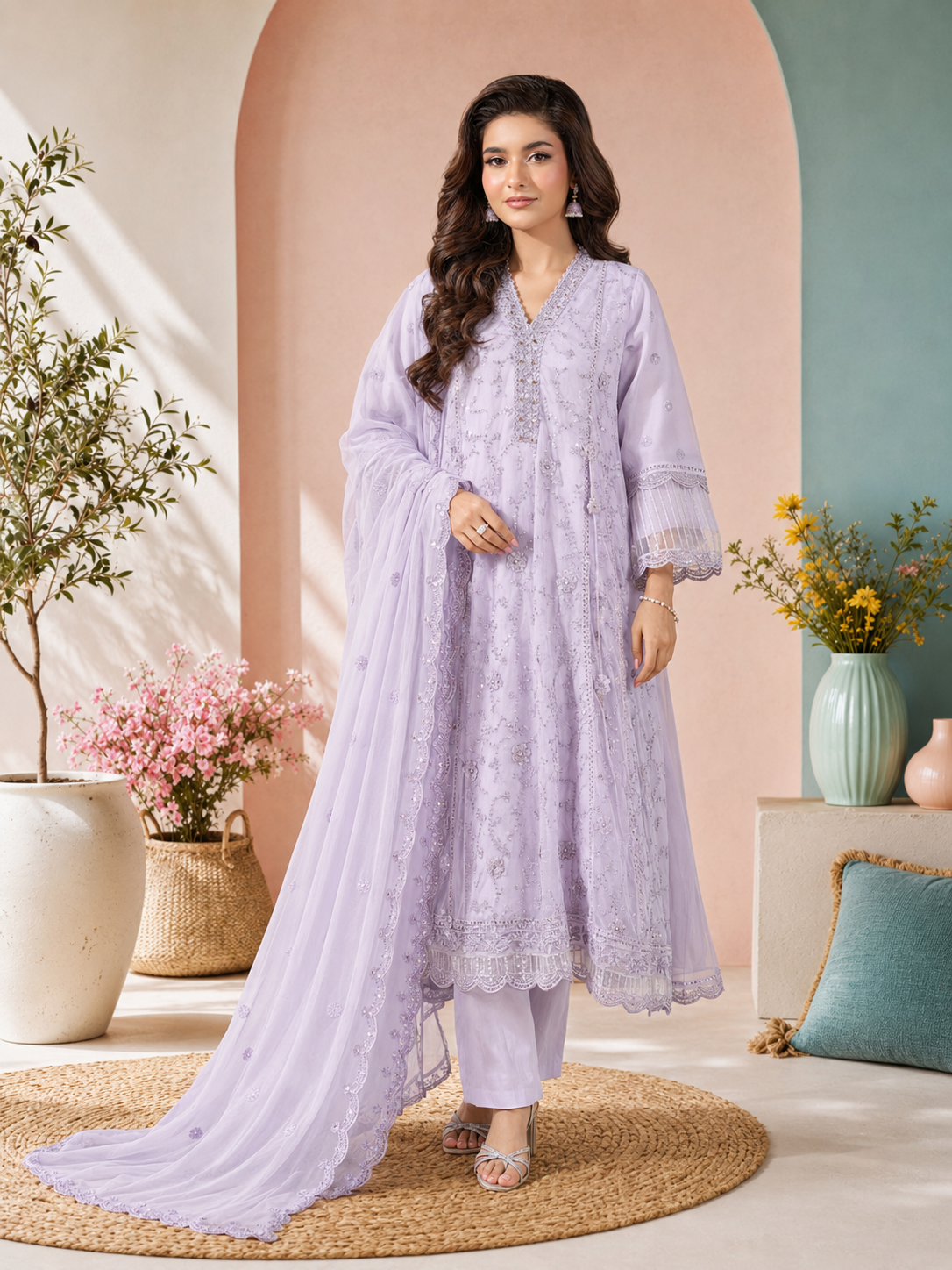 MOMINA "Sehr" Embroidered Chiffon Dress Suit - Lilac