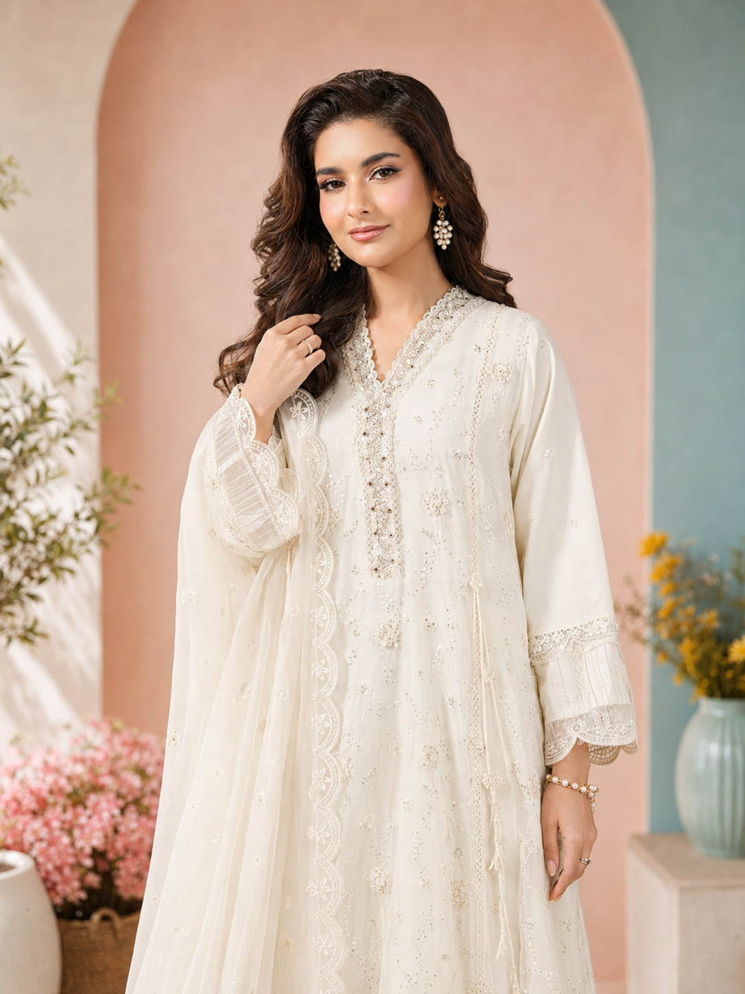 MOMINA "Sehr" Embroidered Chiffon Dress Suit - Off-White