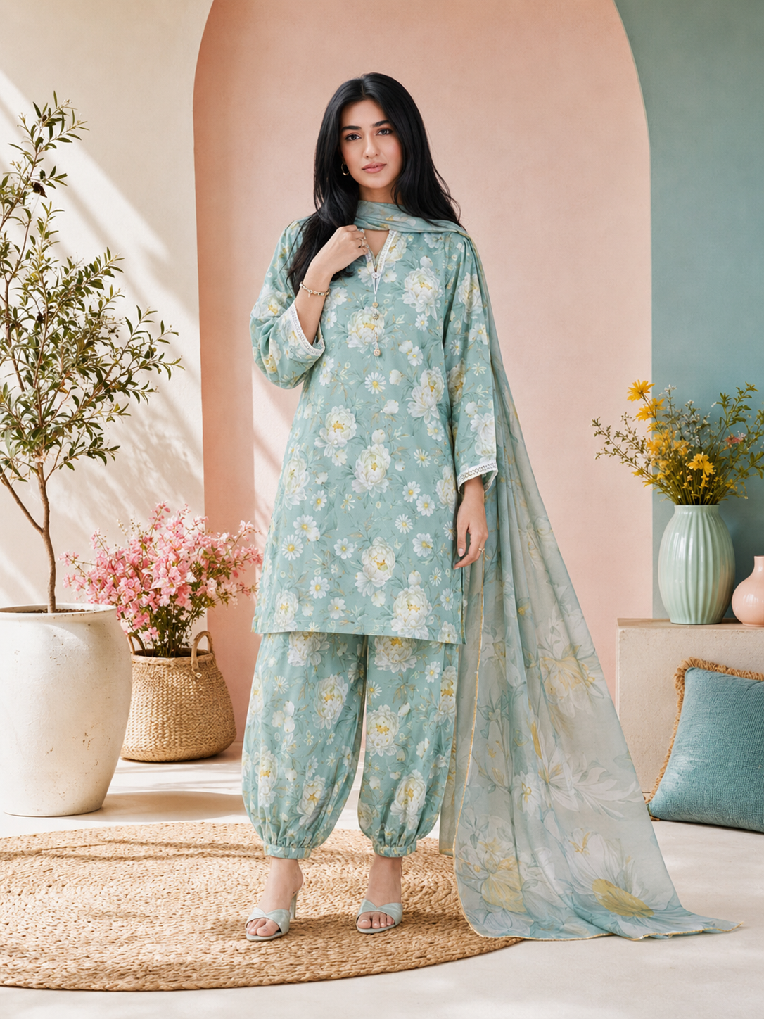 MOMINA Viscose Printed 3-Piece Suit with Balloon Shalwar - Sage Green