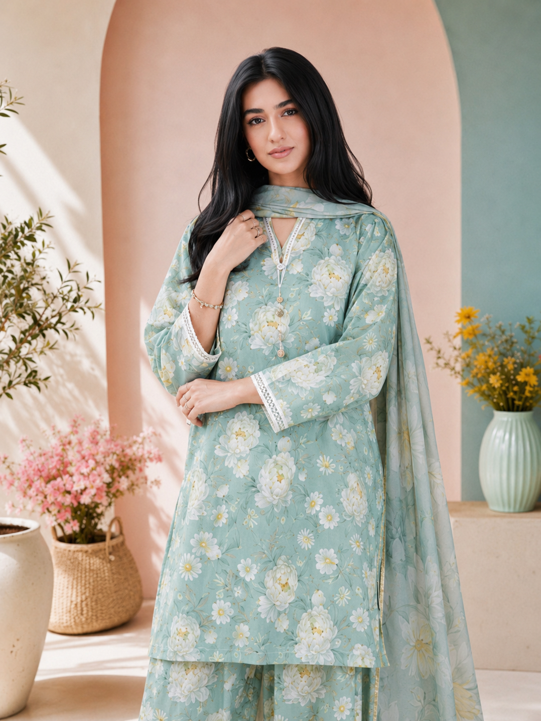 MOMINA Viscose Printed 3-Piece Suit with Balloon Shalwar - Sage Green