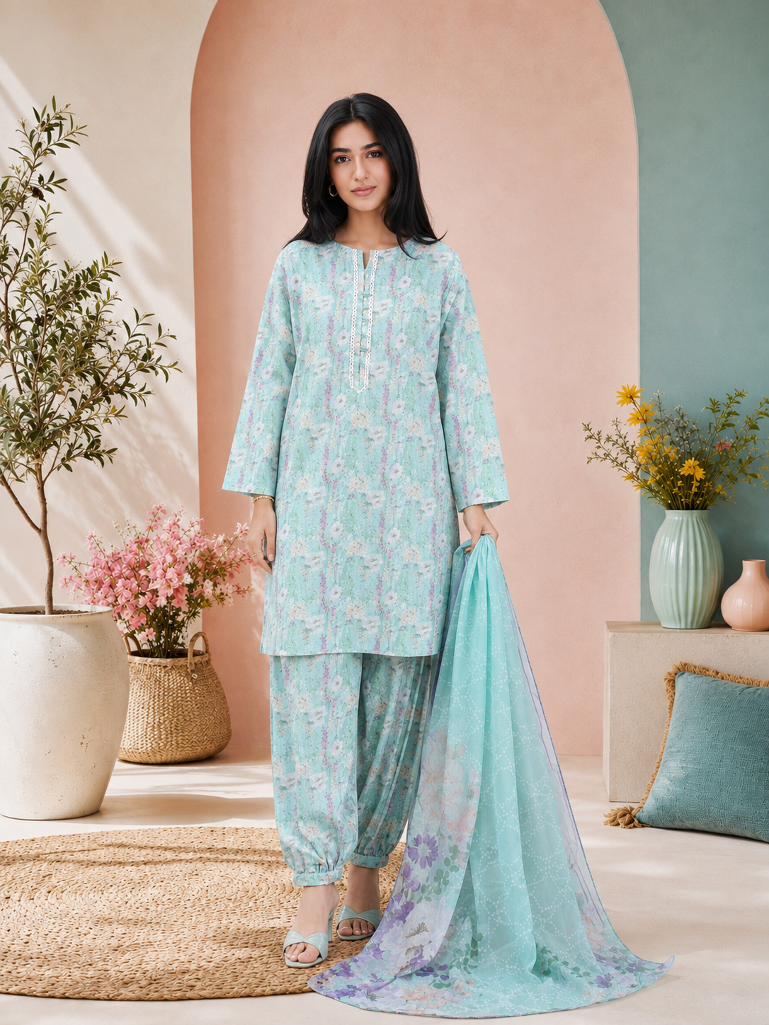 MOMINA Viscose Printed 3-Piece Suit with Balloon Shalwar - Aqua