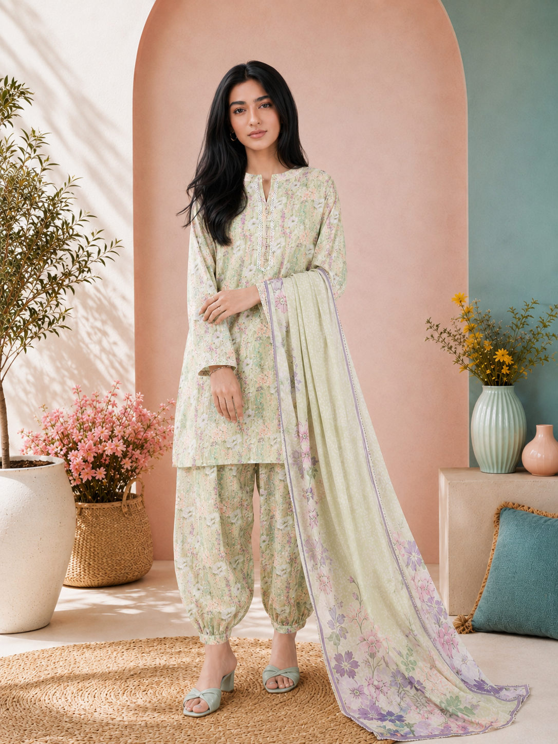 MOMINA Viscose Printed 3-Piece Suit with Balloon Shalwar - Mint