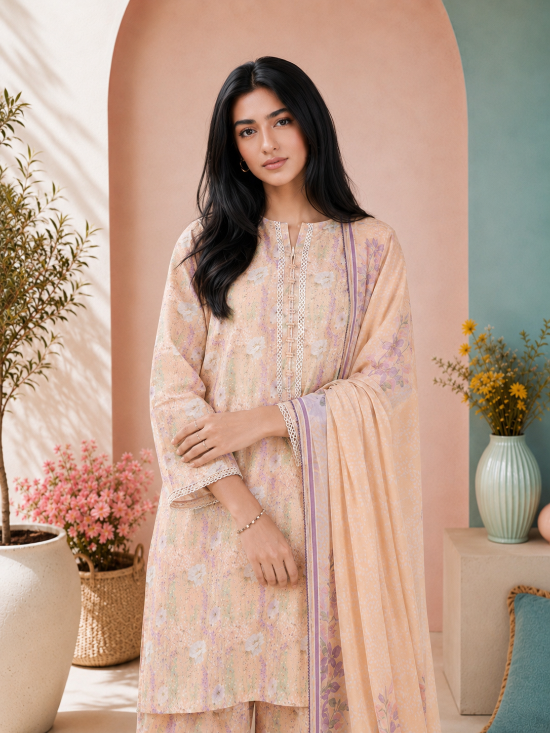 MOMINA Viscose Printed 3-Piece Suit with Balloon Shalwar - Peach