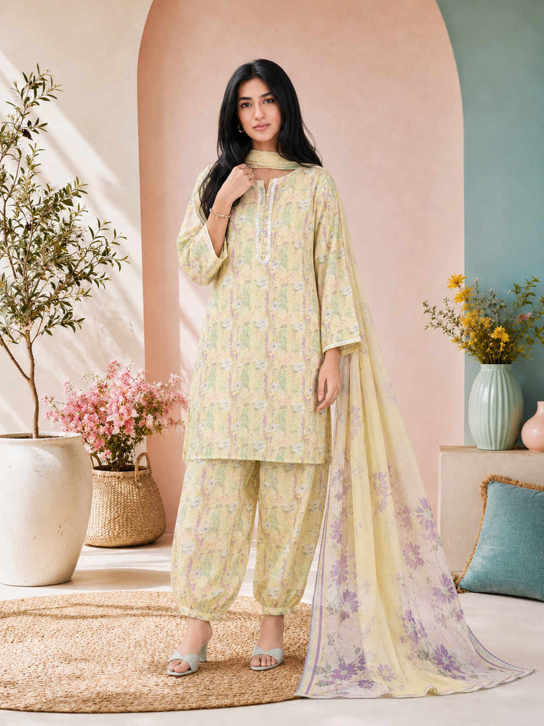 MOMINA Viscose Printed 3-Piece Suit with Balloon Shalwar - Yellow