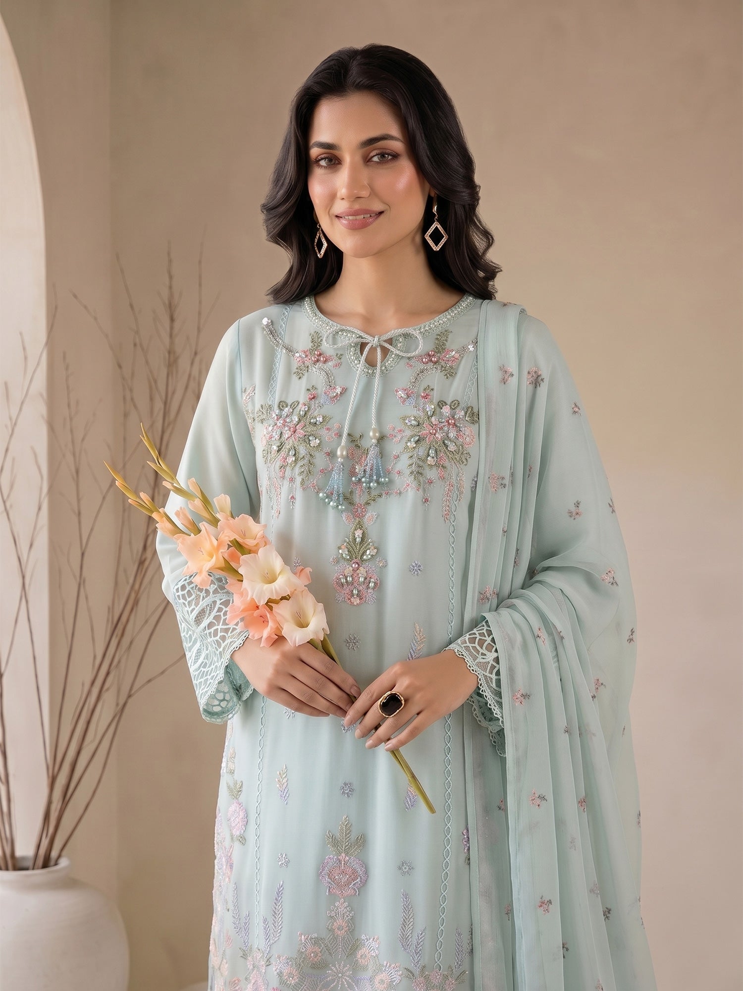 MOMINA "Nayaab" Embroidered Chiffon Suit - Mint