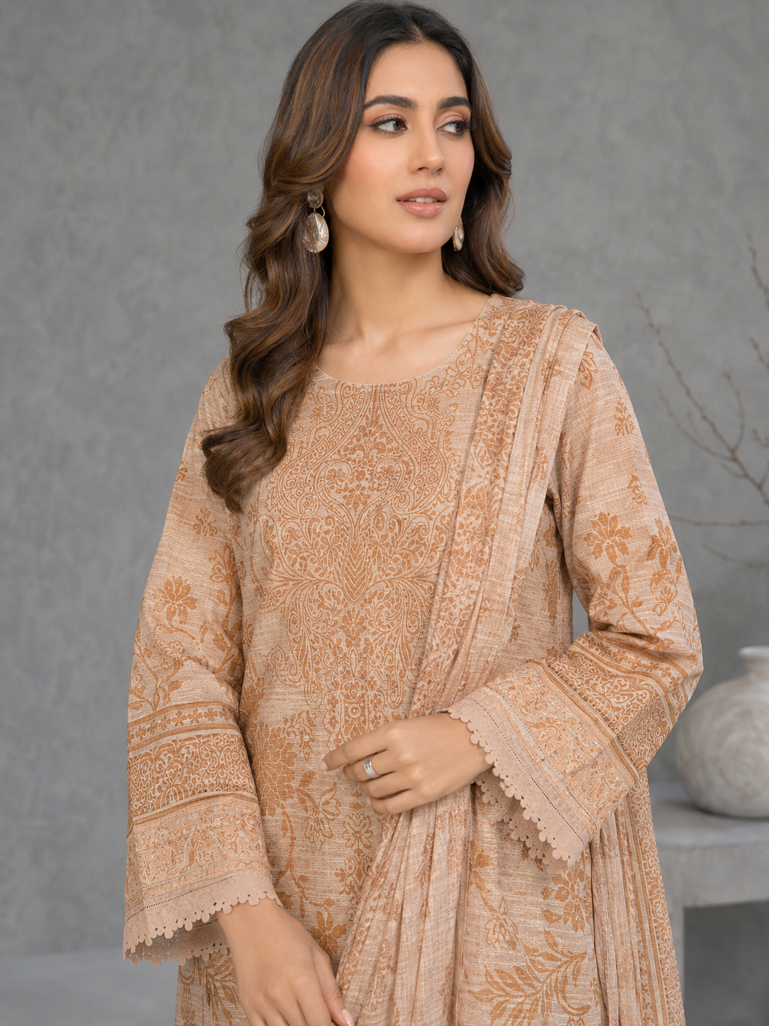 Nureh Winter Leather-Peach Super Jacquard Velvet - Beige