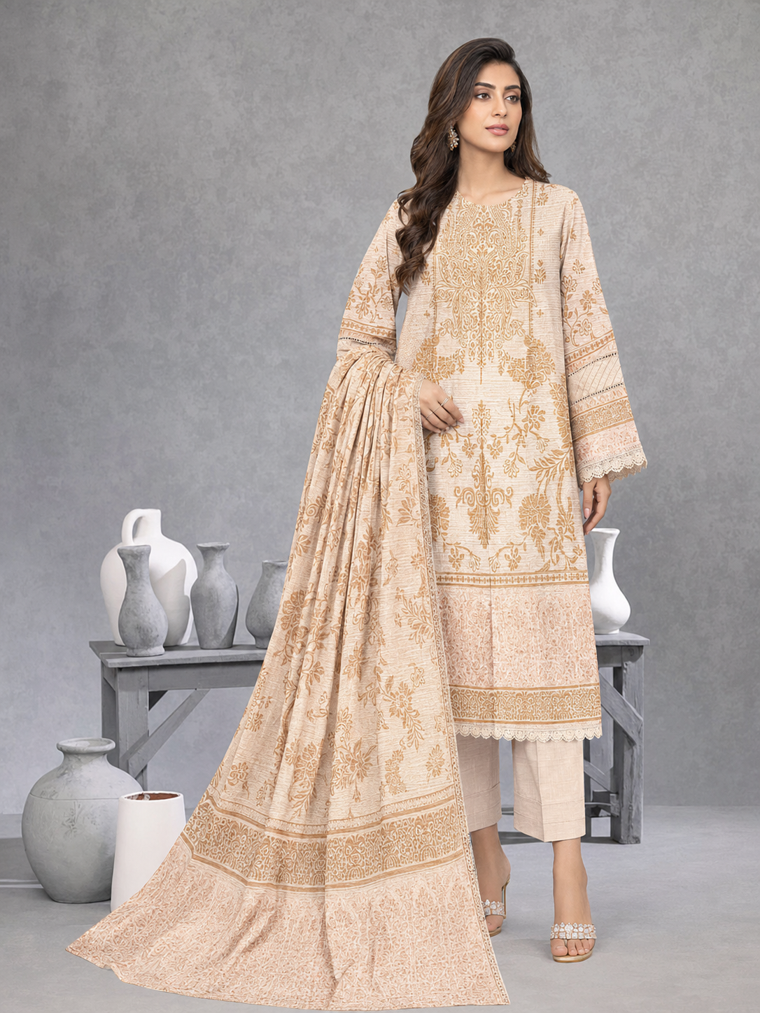 Nureh Winter Leather-Peach Super Jacquard Velvet - Cream