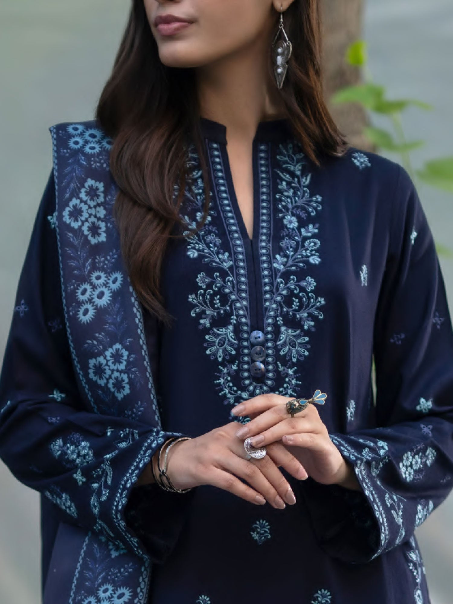 Casual Lite "Khunki" Premium Dhanak Suit with Pashmina Shawl - Navy Blue
