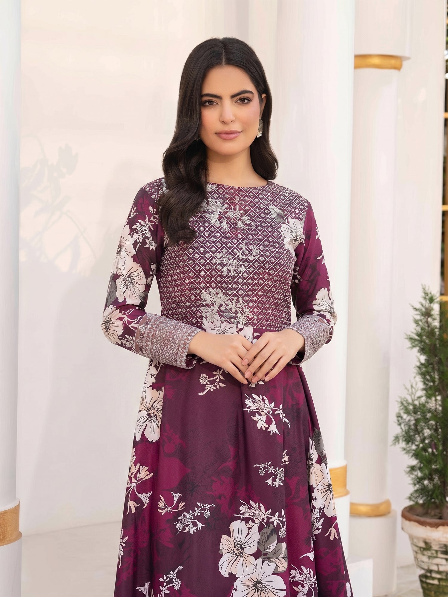 Raniya.H "Noir Garden" Silk Lawn Suit - Crimson Blossom