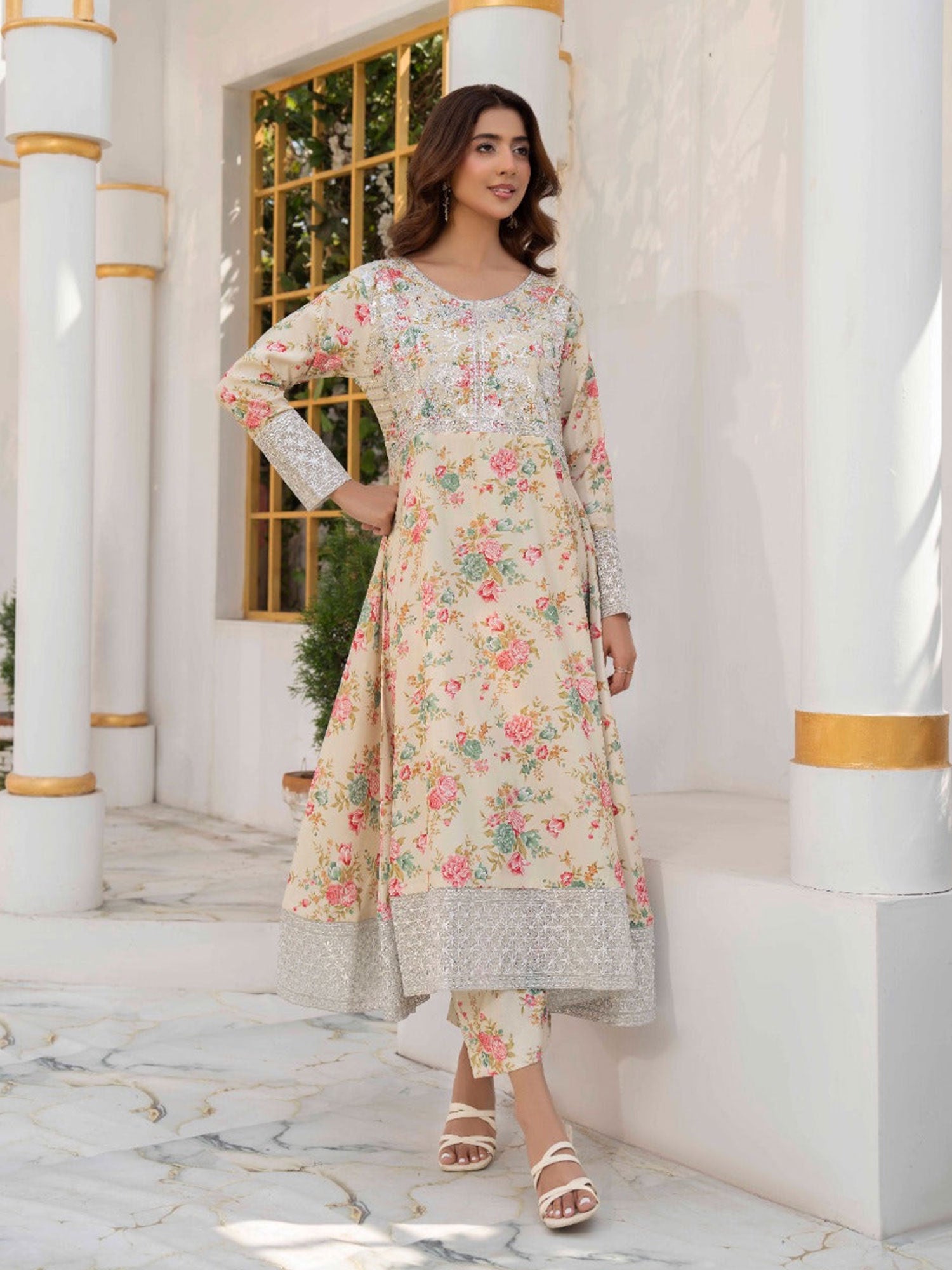Raniya.H "Noir Garden" Silk Lawn Suit - Ivory Blossom