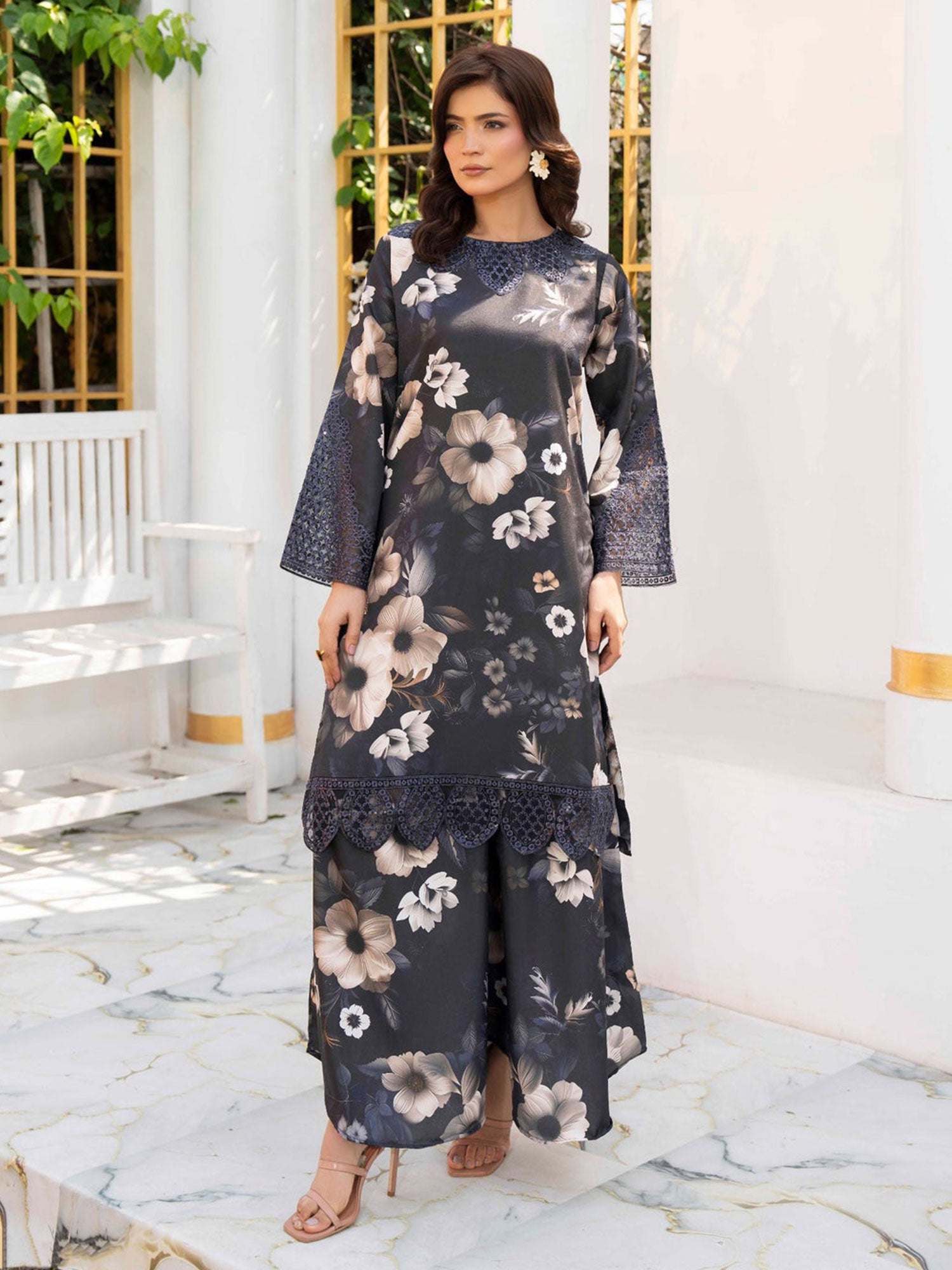 Raniya.H "Noir Garden" Silk Lawn Suit - Moonlit Flora