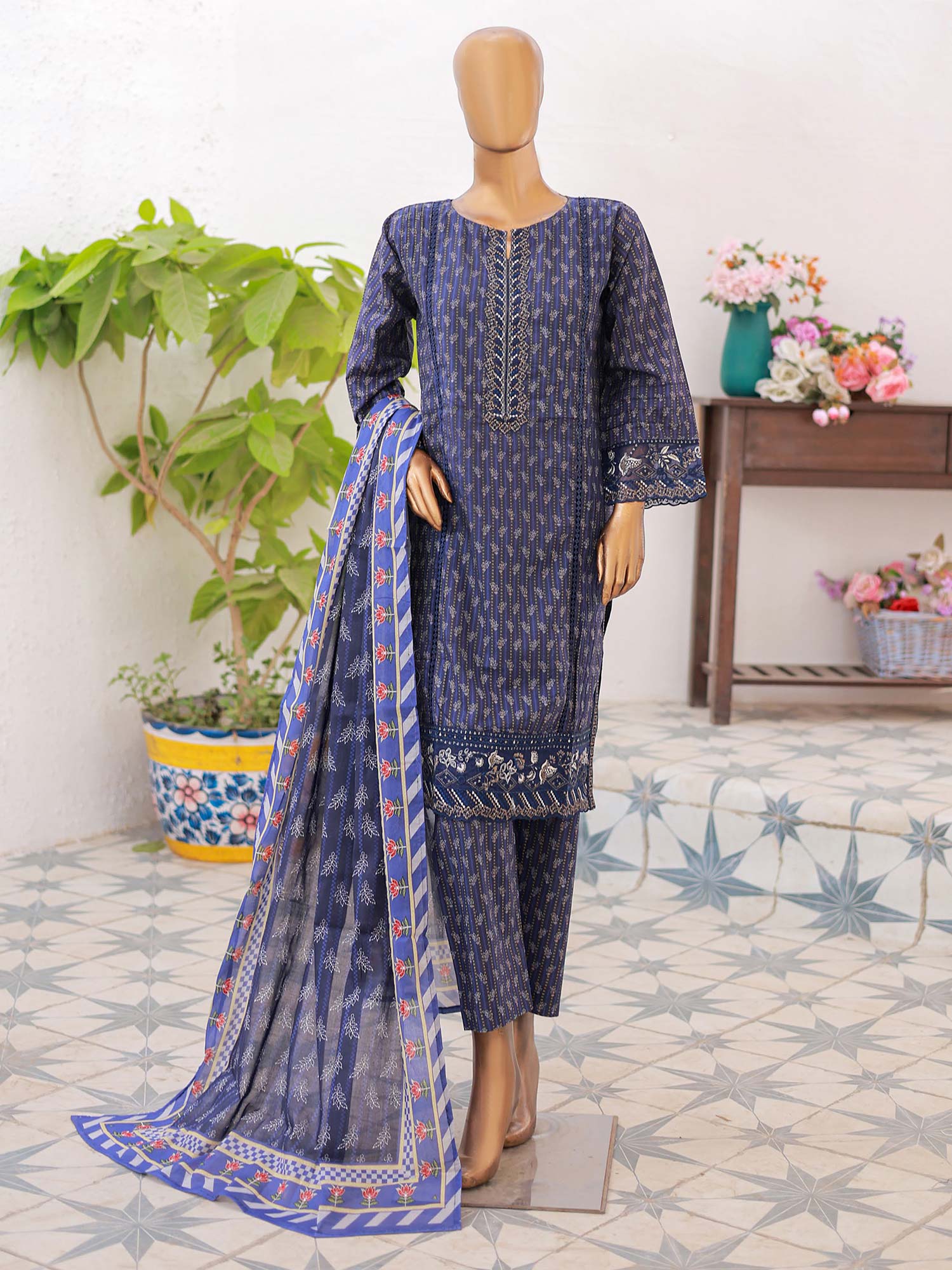 Mother-Daughter Lawn Casual 3-Piece Suit - Blue