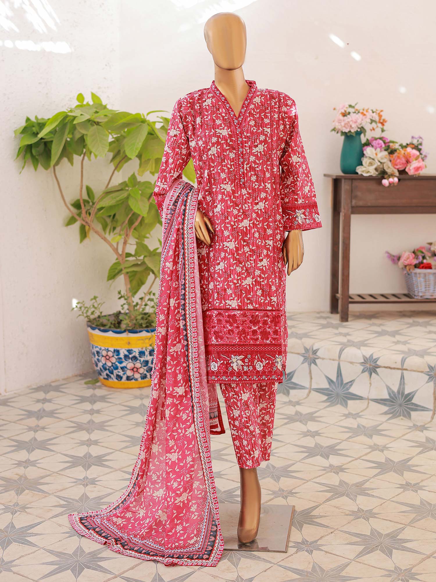 Mother-Daughter Lawn Casual 3-Piece Suit - Pink