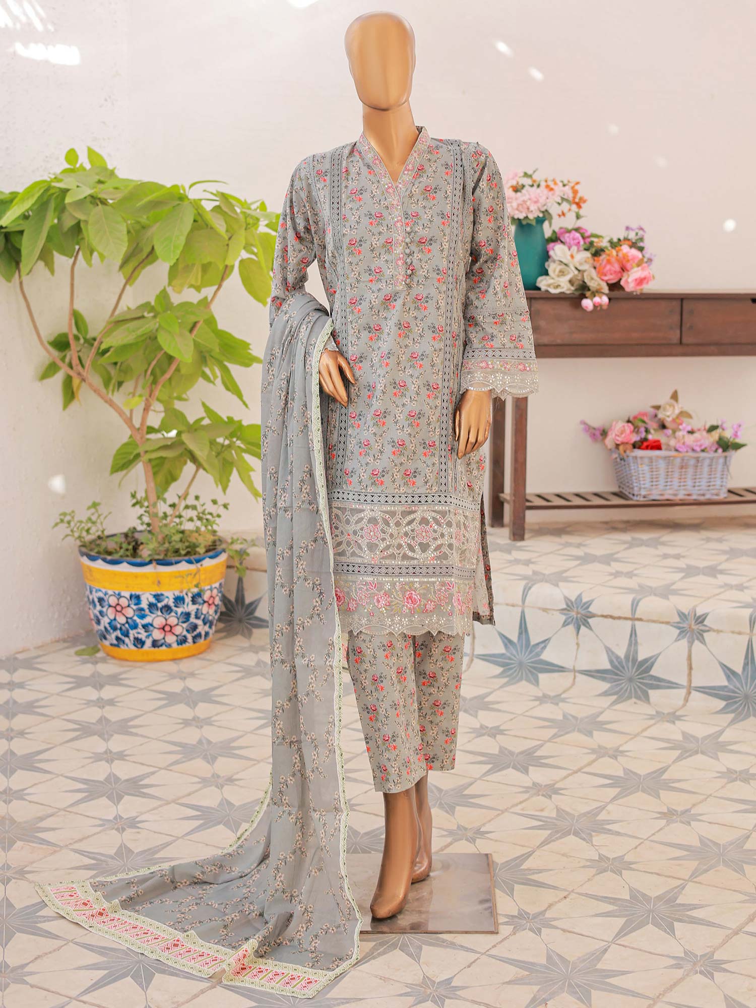 Mother-Daughter Lawn Casual 3-Piece Suit - Grey